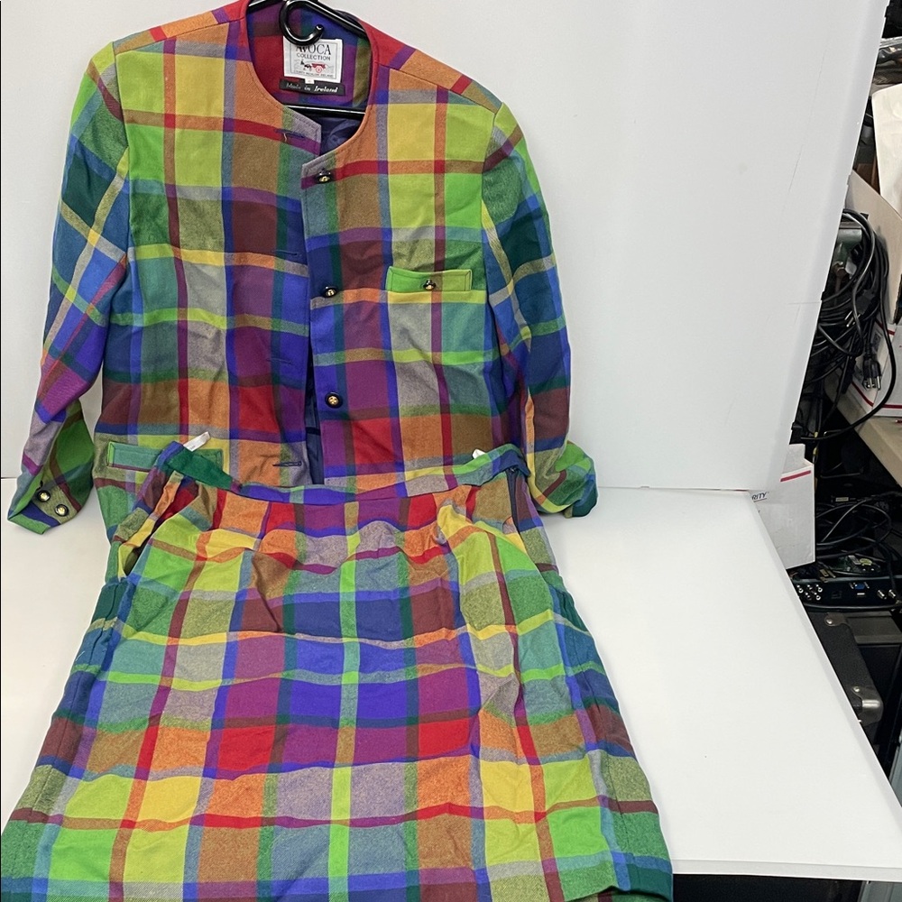 Avoca of Scotland Colorful Plaid Two-Piece Set marked size S jacket and skirt
